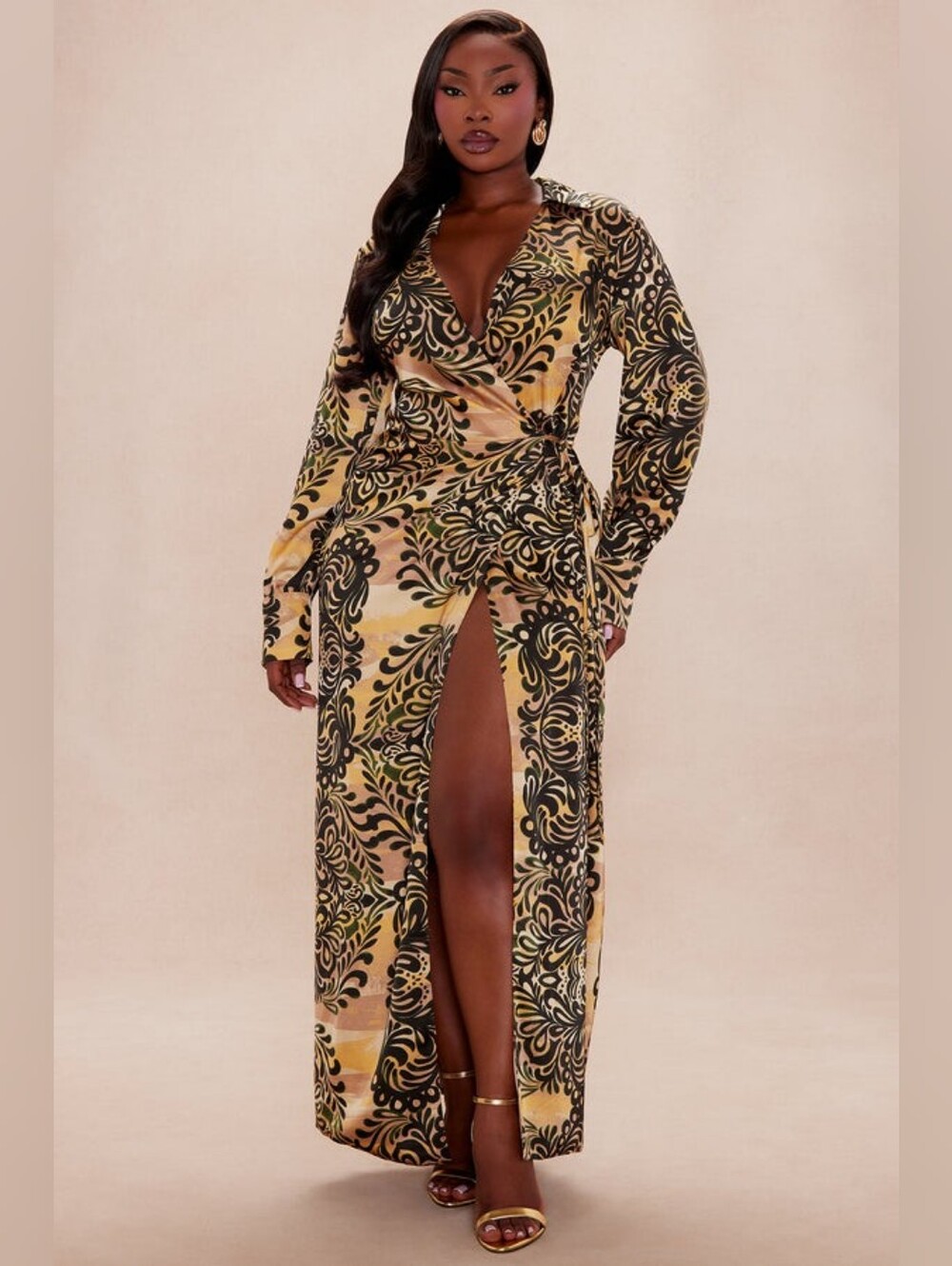 Fashion Nova Gold & Black Wrap Maxi Dress with High Slit